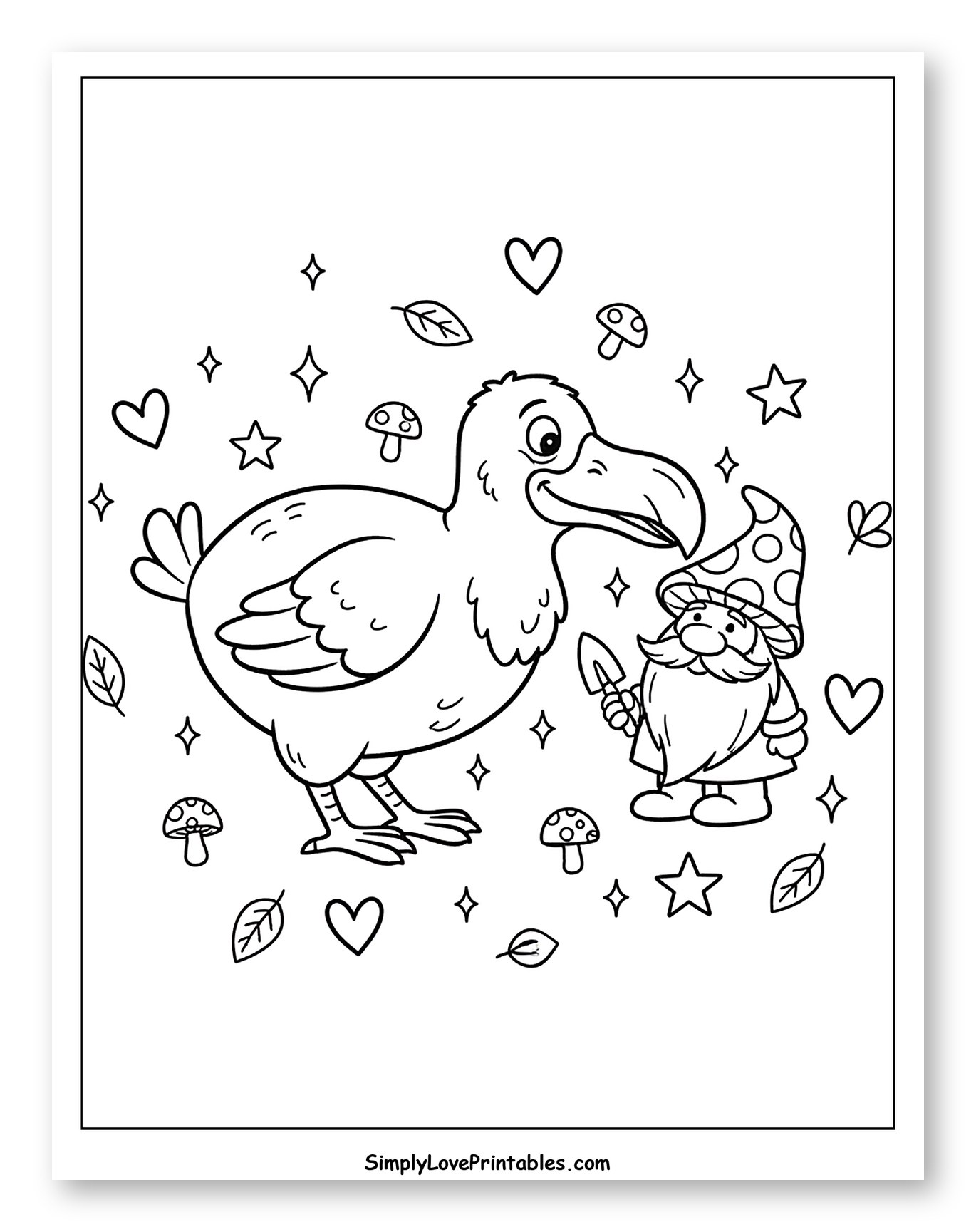 Friendly Dodo and Gnome in a Magical Garden to Color for Adults