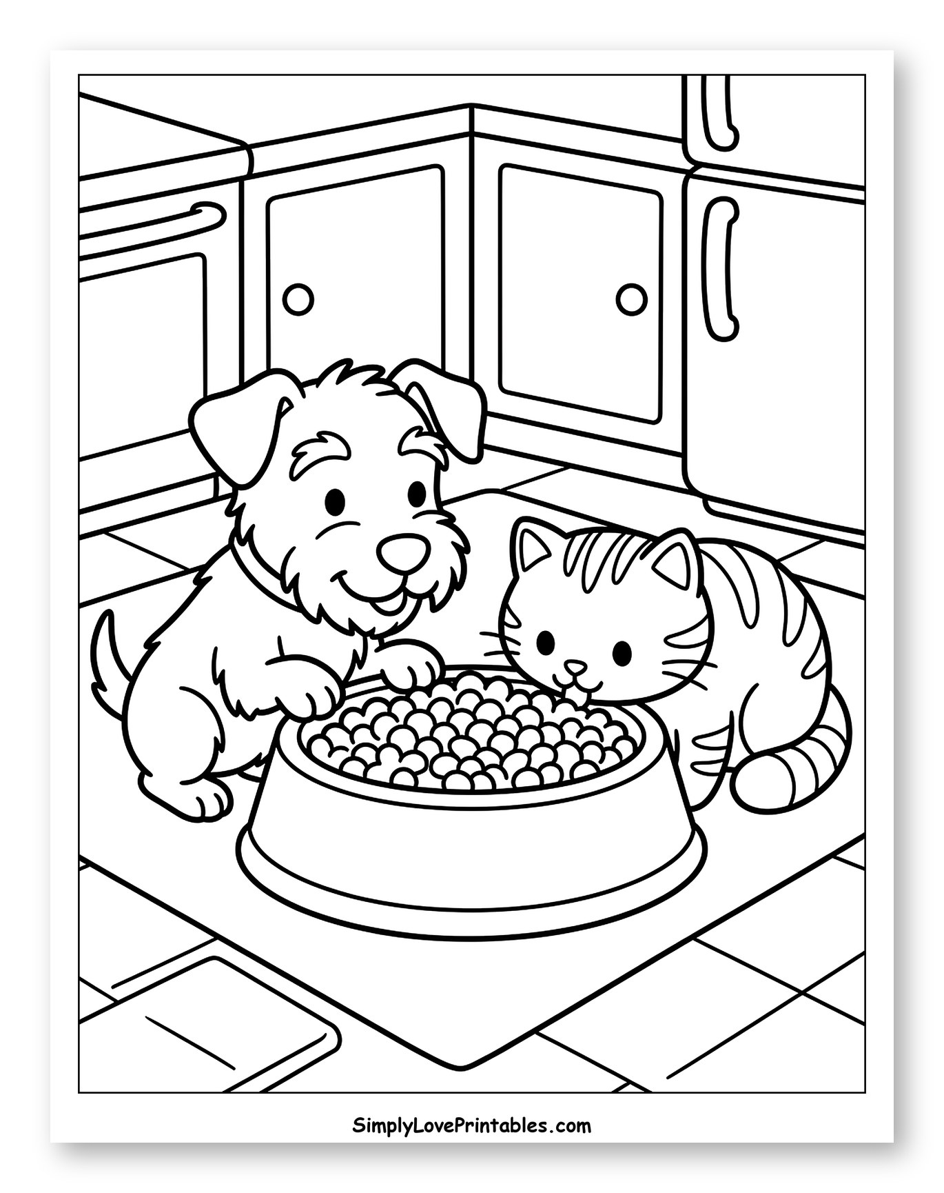 Friendly Dog and Cat With Food Bowl Coloring Sheet for Kids