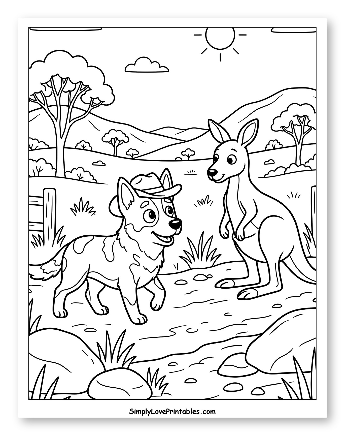 Friendly Dog and Kangaroo in Outback to Color for Kids