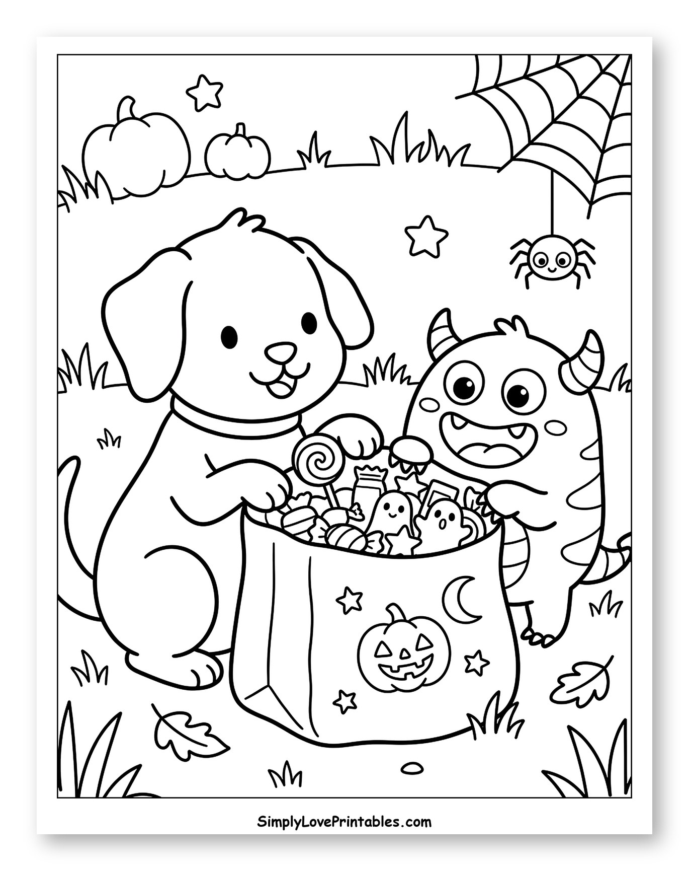 Friendly Dog and Monster with Trick-or-Treat Bag to Color for Kids