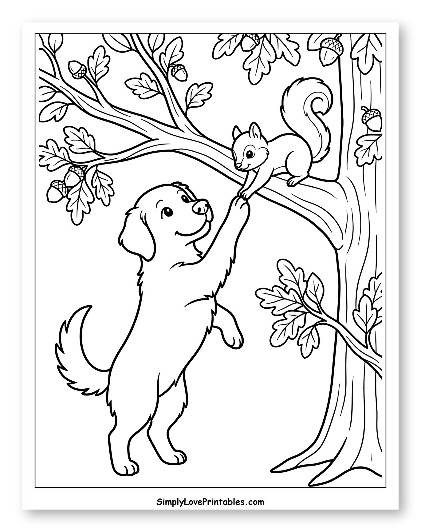 Friendly Dog and Squirrel on an Oak Tree Coloring Sheet for Kids