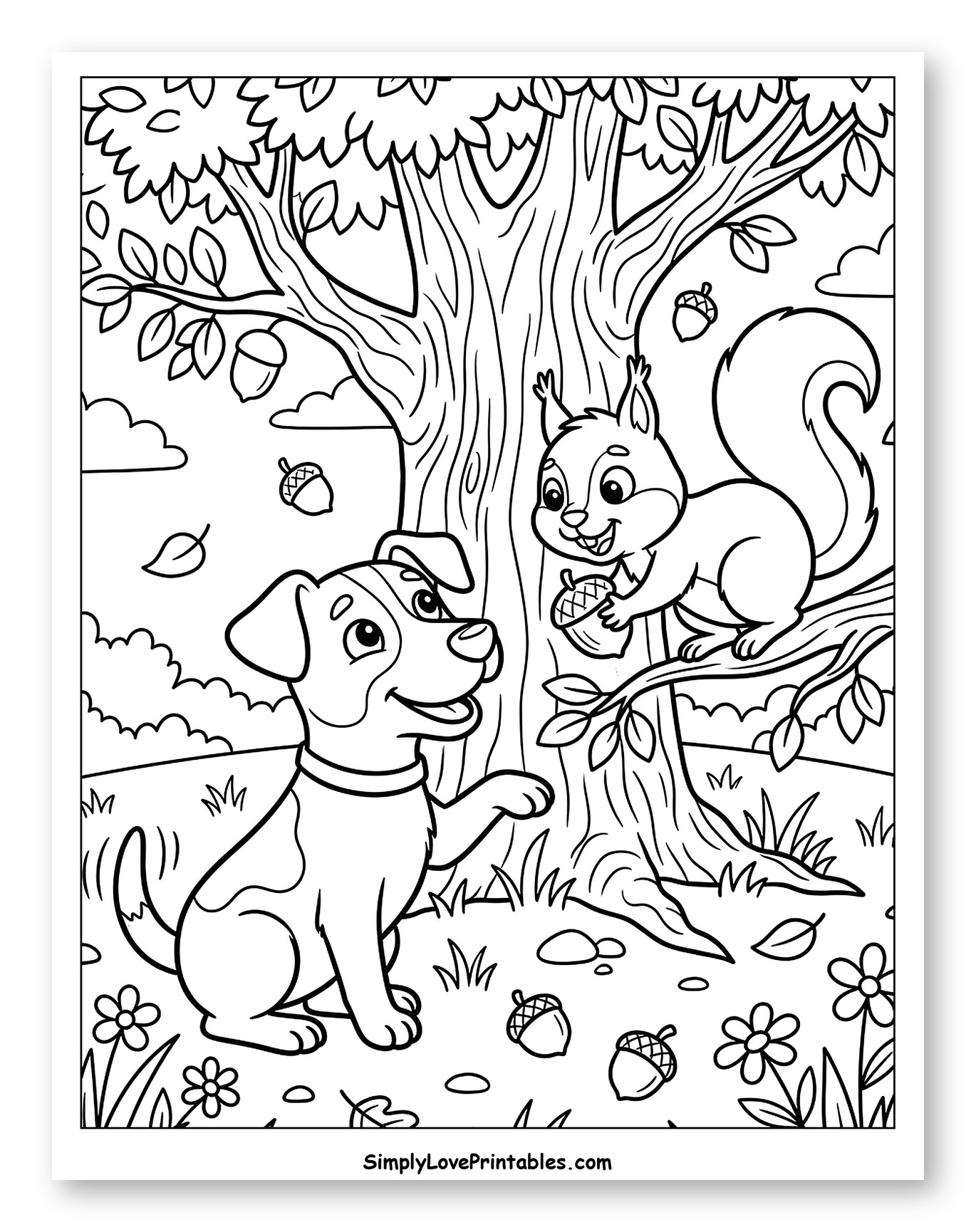 Friendly Dog and Squirrel with Acorn to Color for Kids