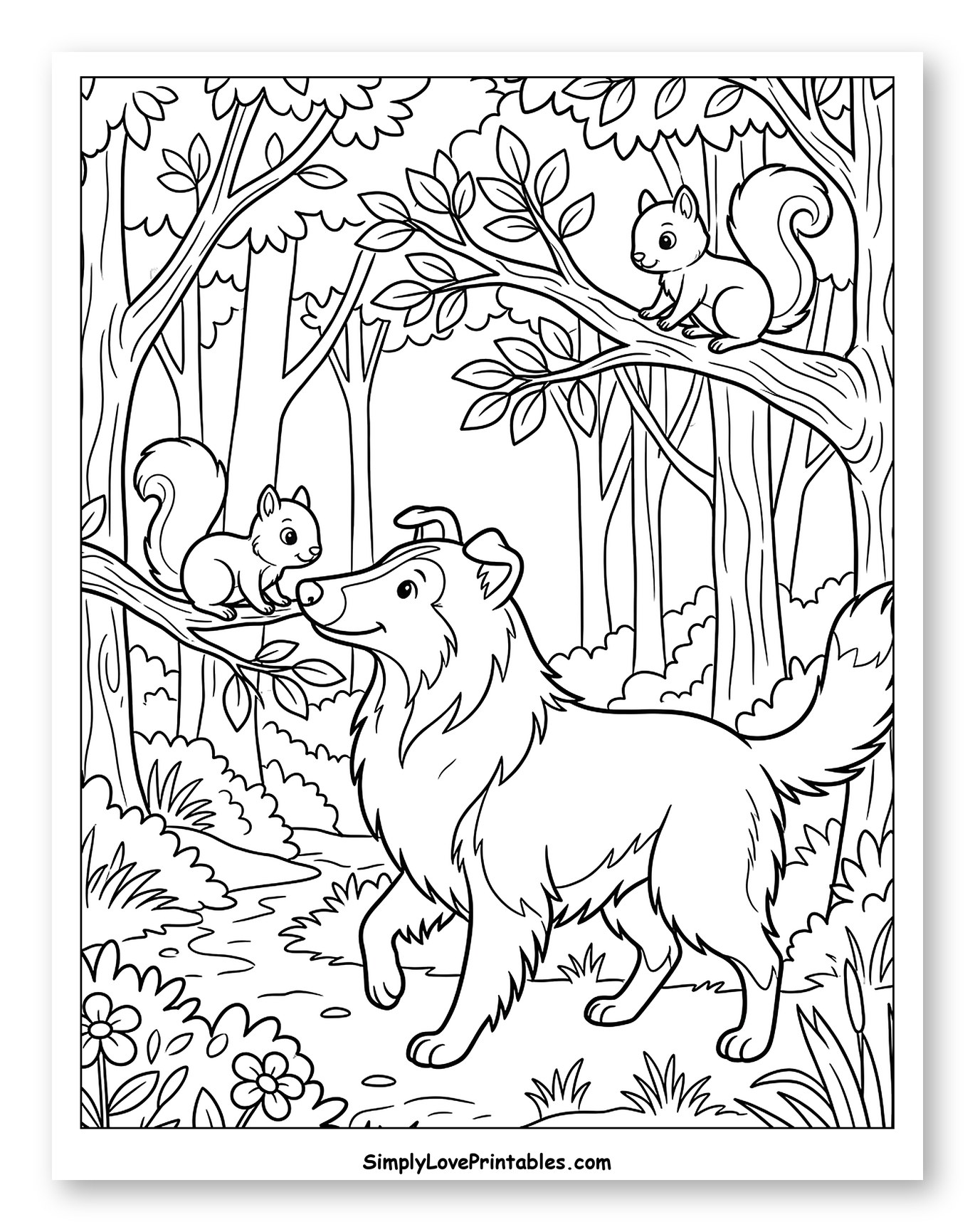 Friendly Dog and Squirrels in a Forest to Color for Kids