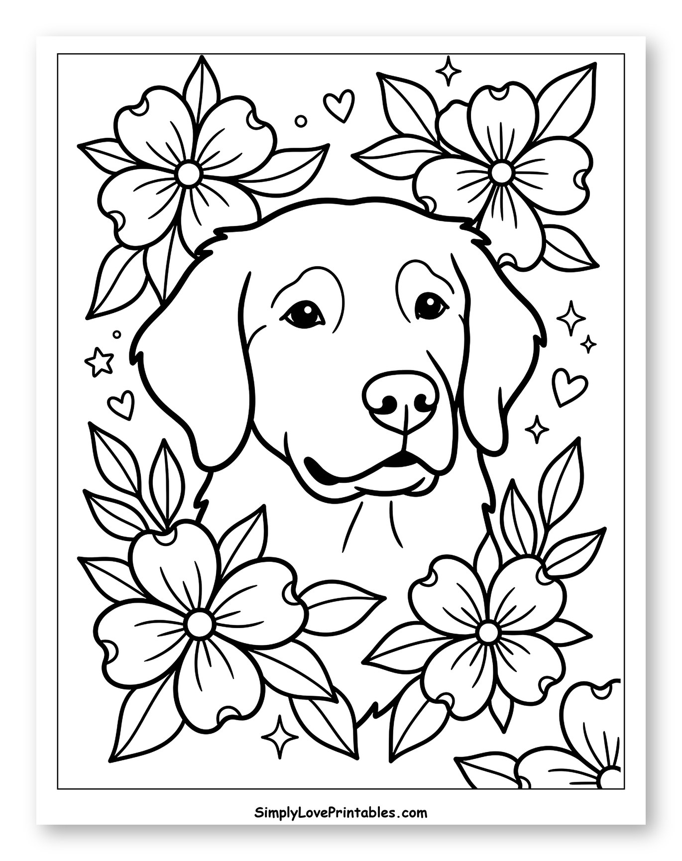 Friendly Dog Face Among Blooming Flowers Coloring Sheet for Adults