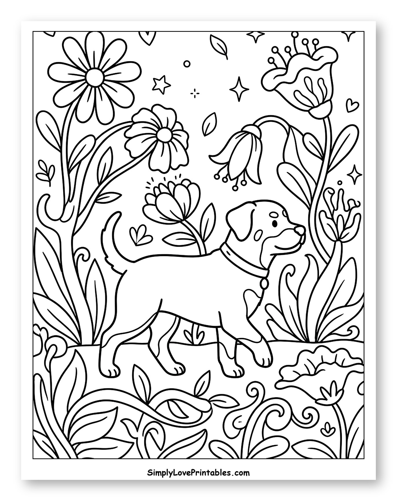 Friendly Dog Strolling Through a Flower Garden