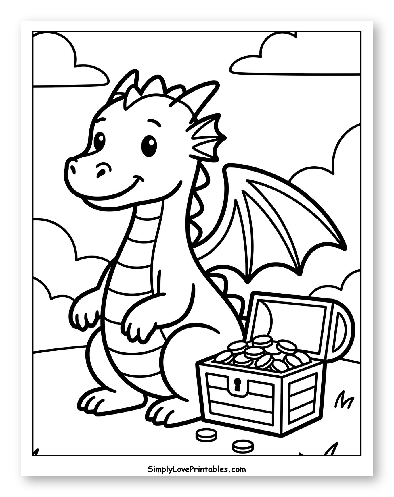 Friendly Dragon Guarding Treasure Coloring Page for Toddlers