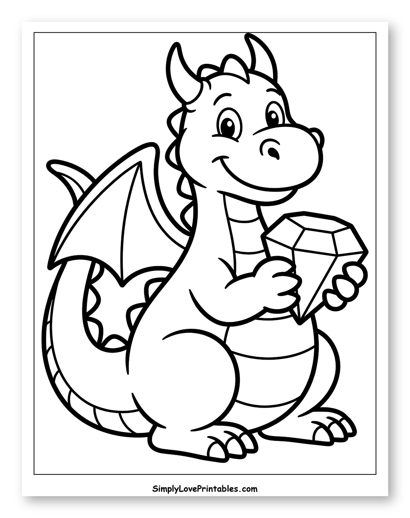 Friendly Dragon Holding a Sparkly Gem Coloring Page for Toddlers
