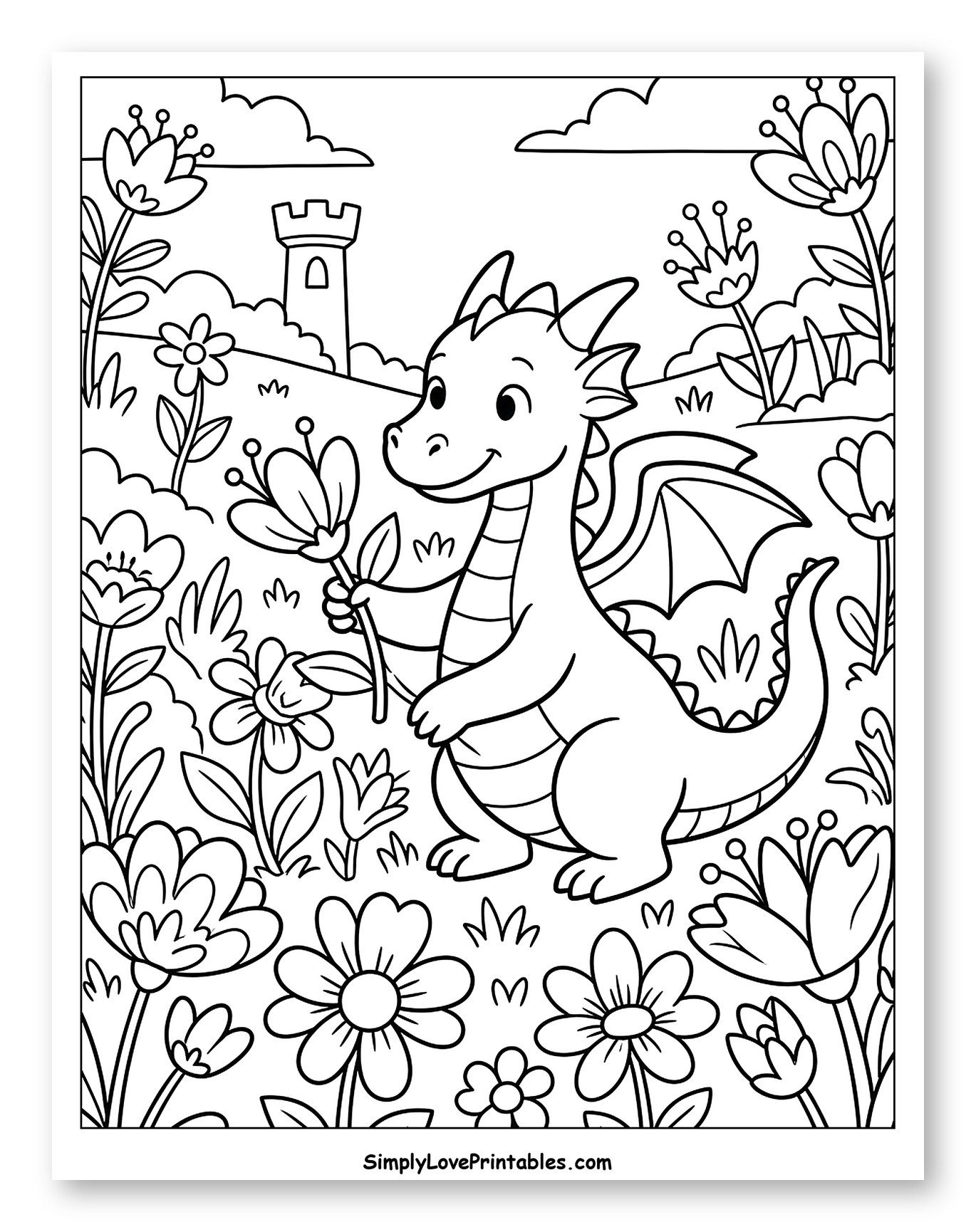 Friendly Dragon in a Flower Field Coloring Sheet for Kids