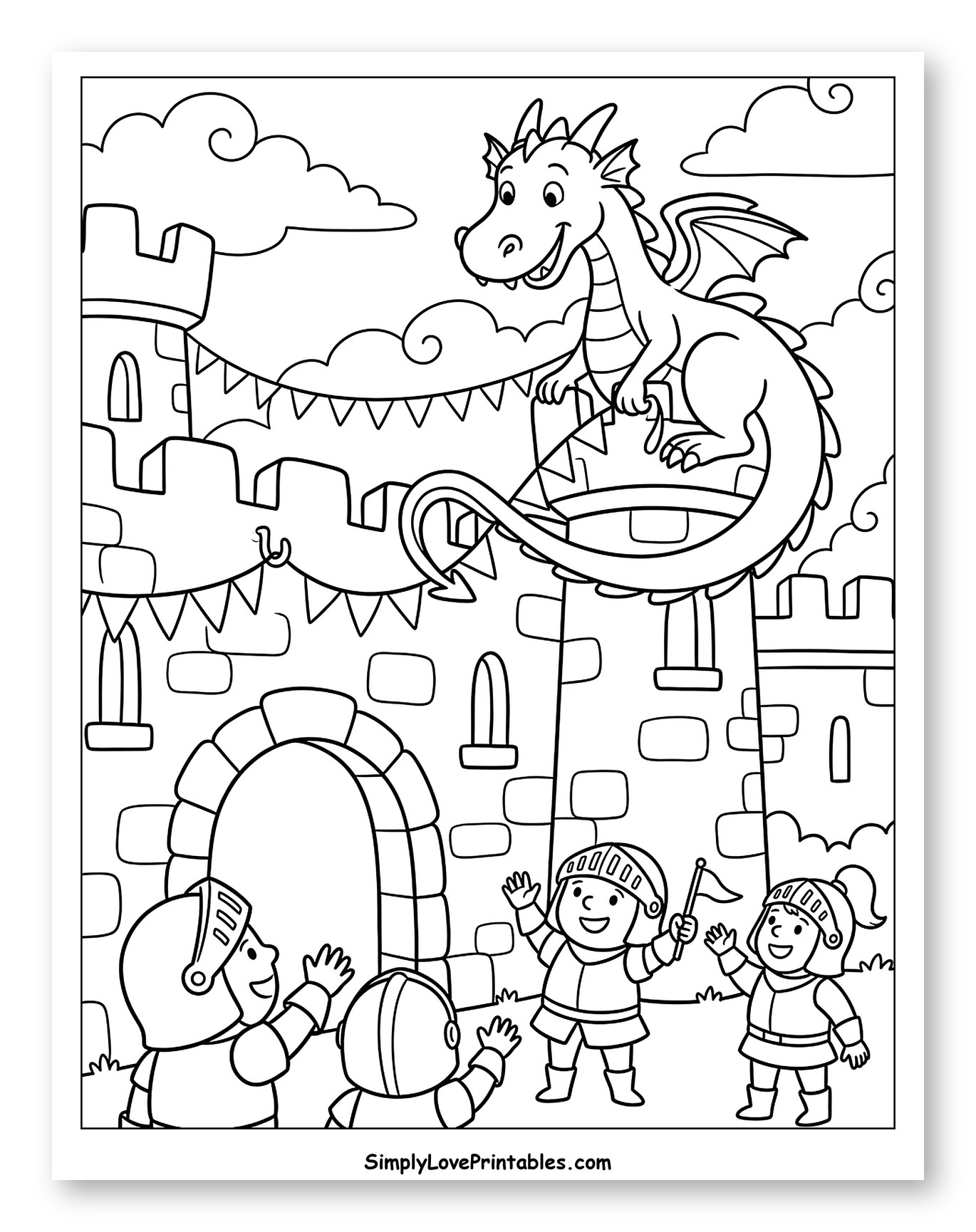 Friendly Dragon on Castle Tower with Knights Coloring Sheet for Kids