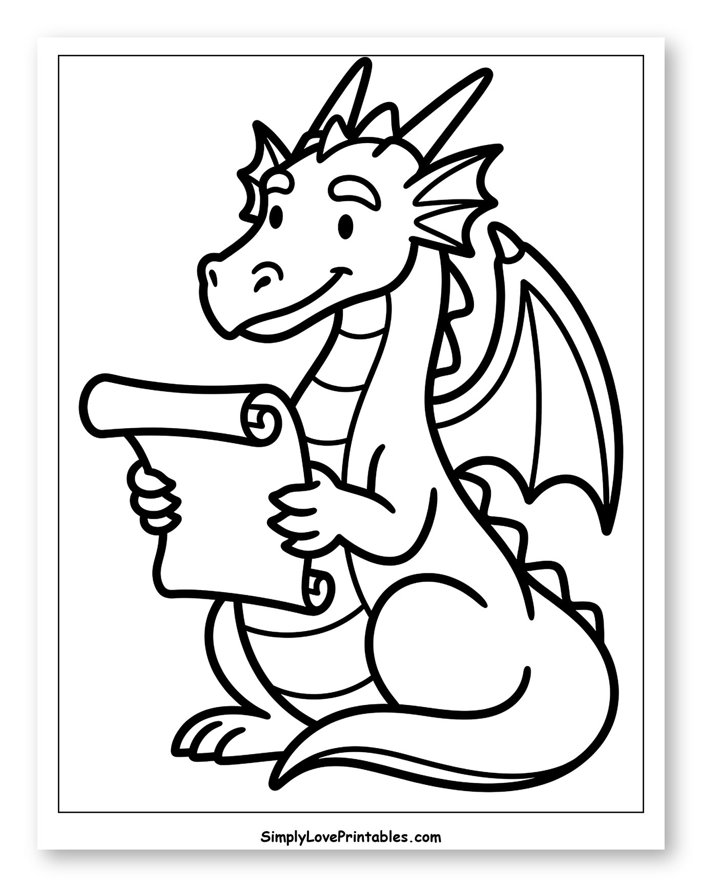 Friendly Dragon Reading a Scroll Coloring Page for Toddlers