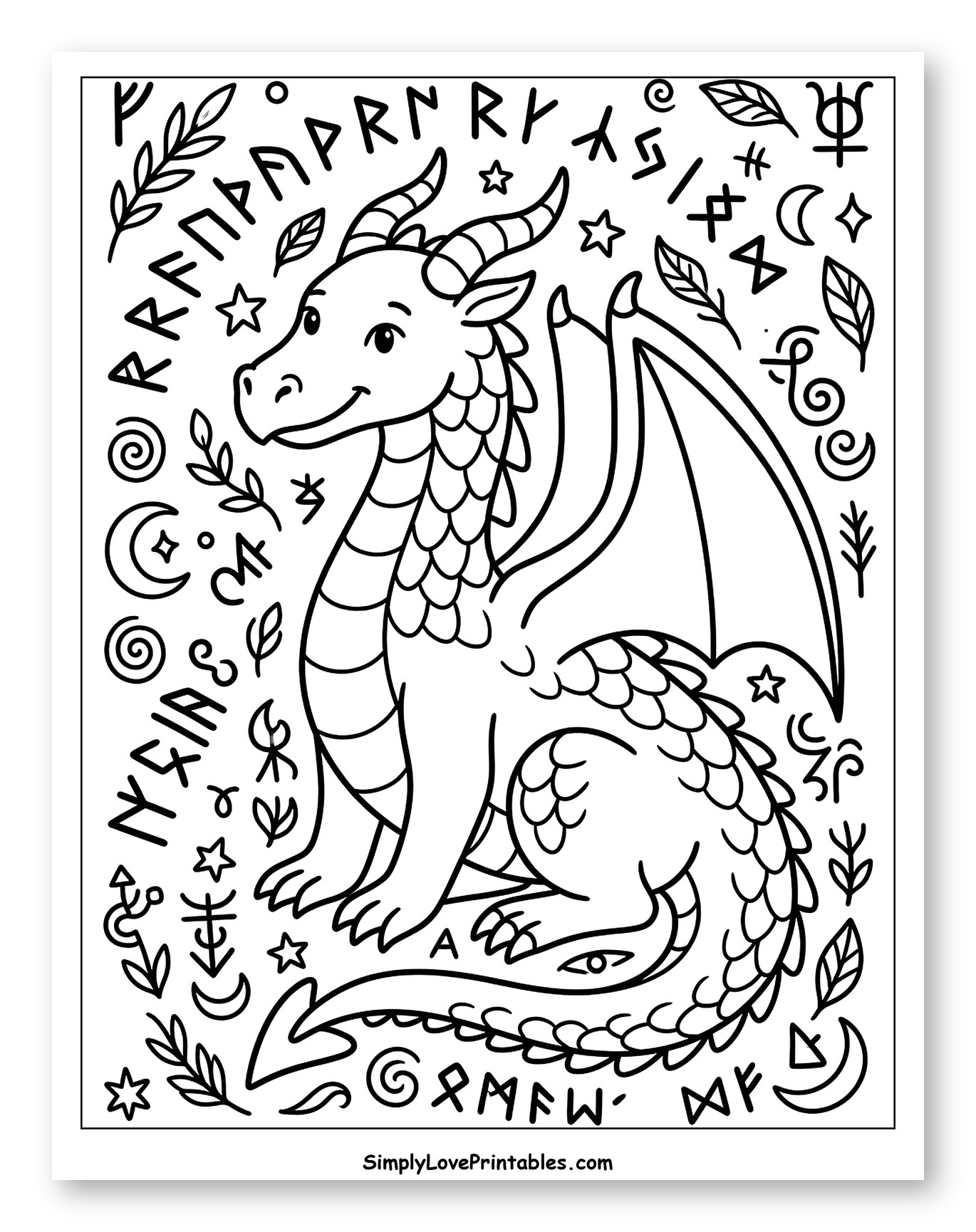 Friendly Dragon Surrounded by Magical Symbols Coloring Sheet for Adults