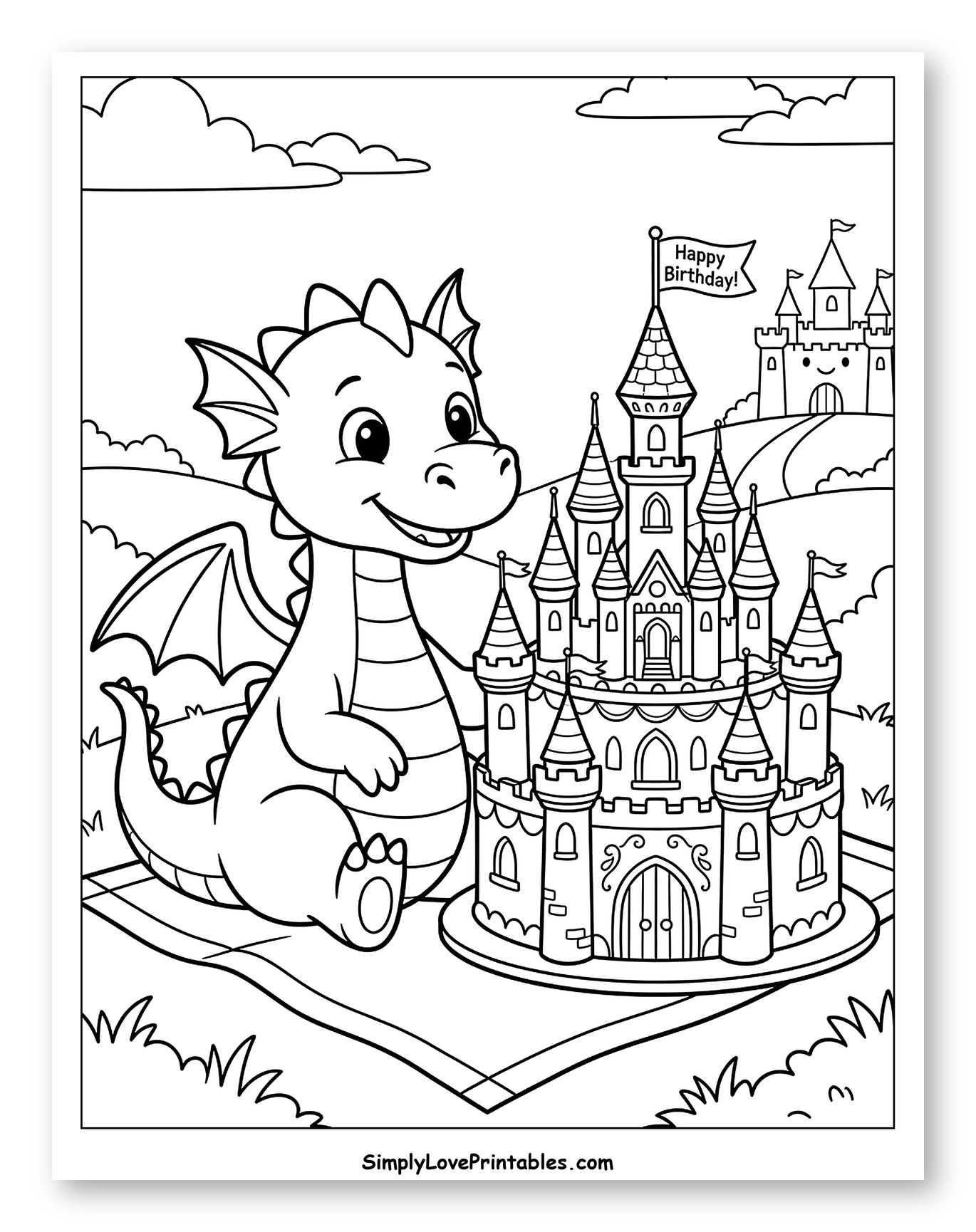 Friendly Dragon with a Castle Birthday Cake