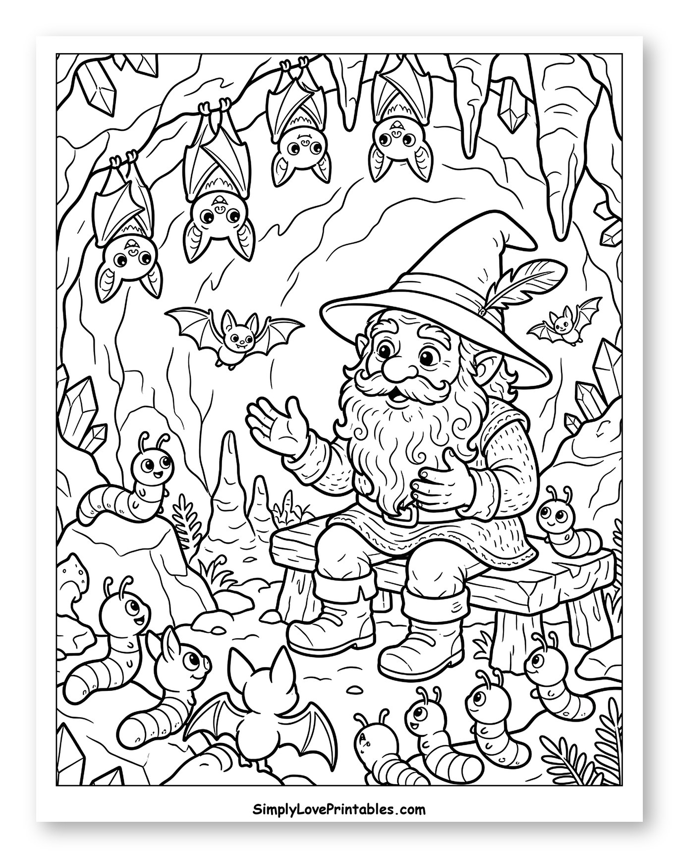 Friendly Dwarf in a Cave with Creatures to Color for Kids