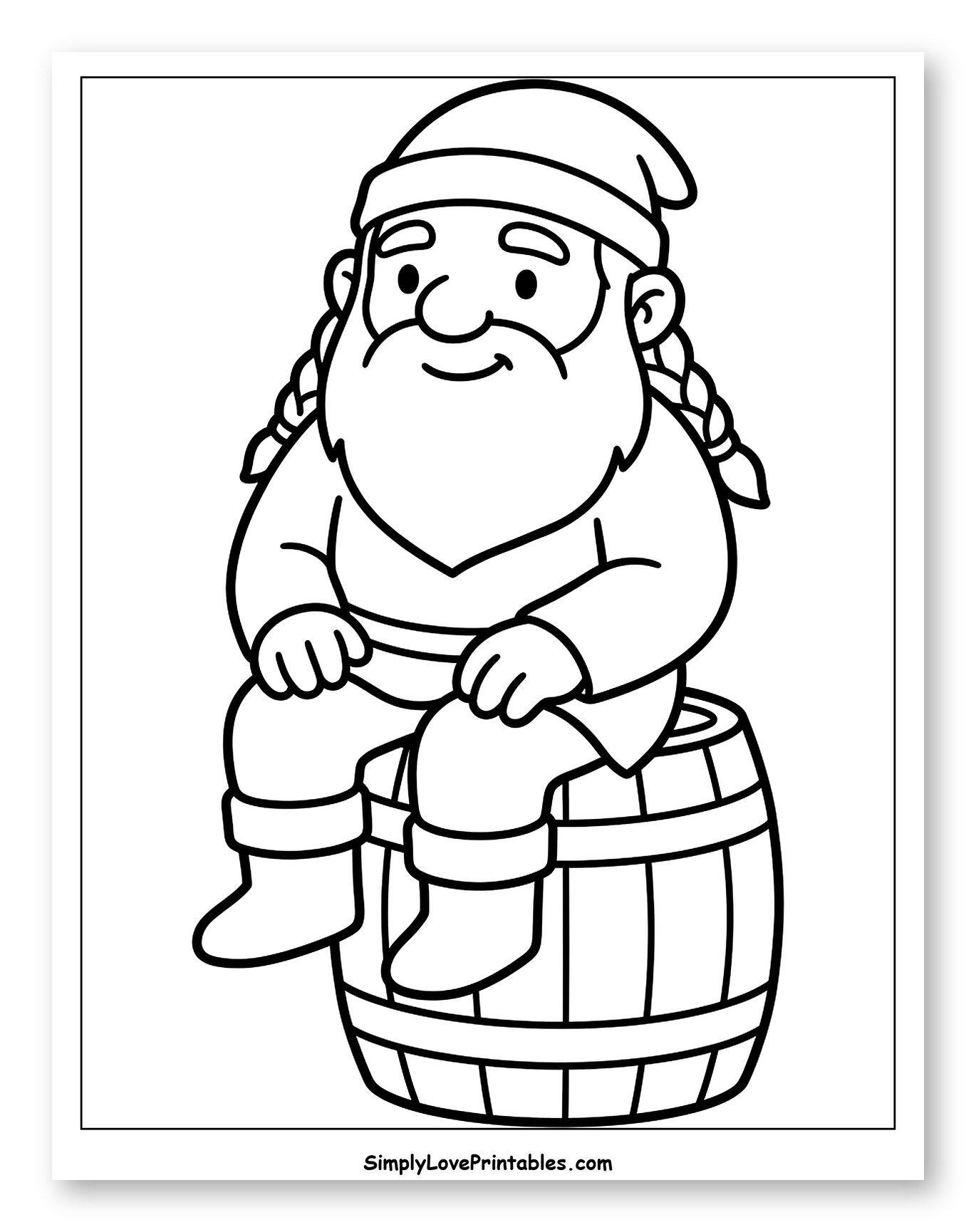 Friendly Dwarf with Braids on Barrel Coloring Page for Toddlers
