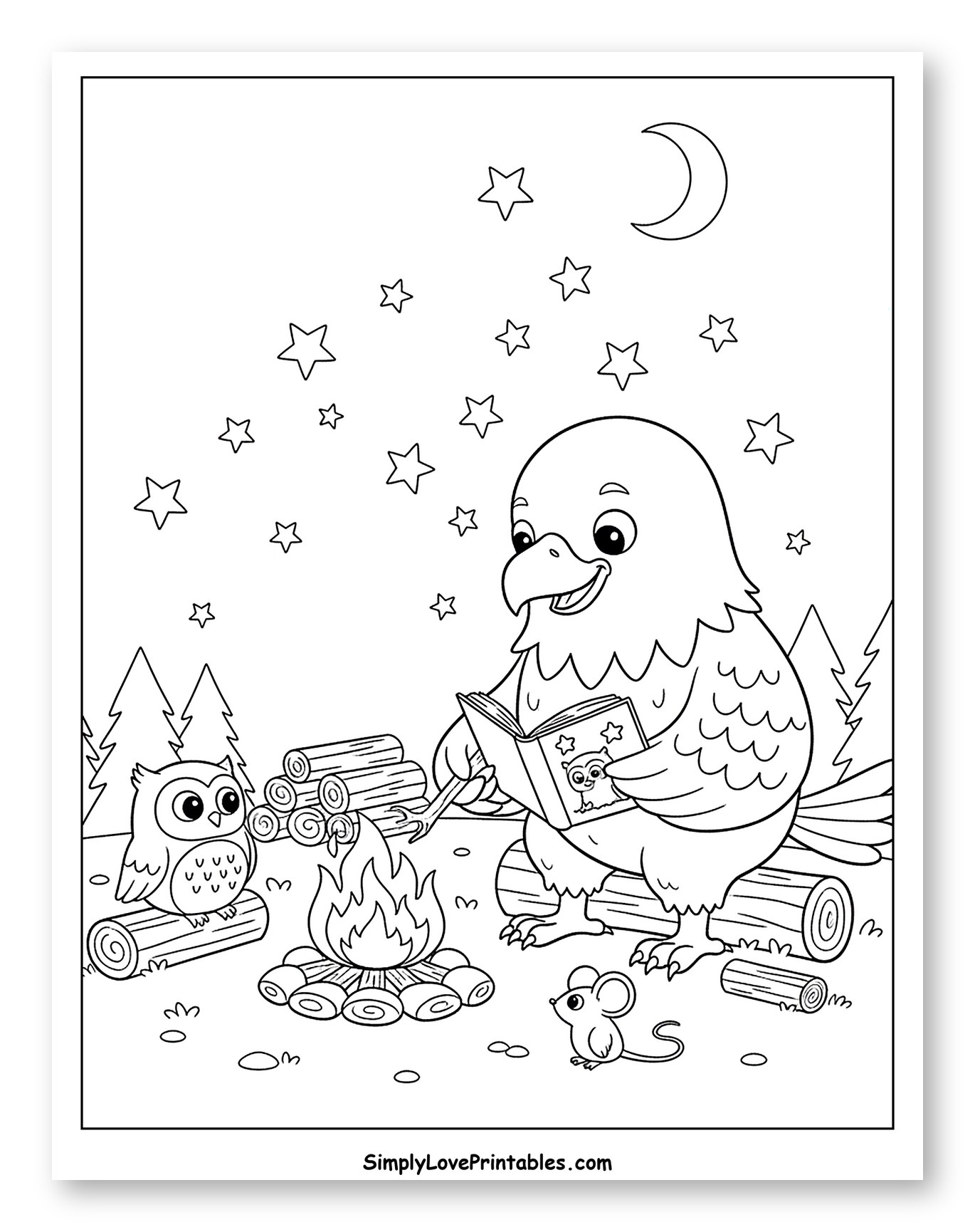Friendly Eagle Reads Story by Campfire to Color for Kids