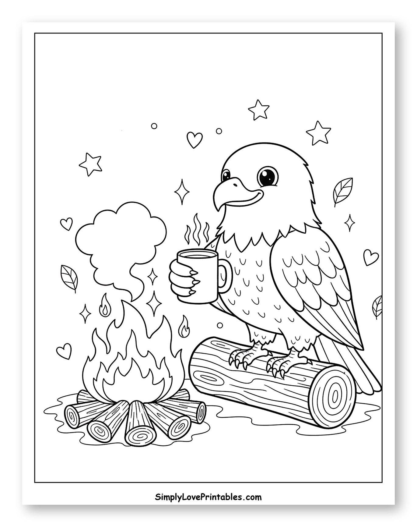Friendly Eagle Sipping Drink by Warm Campfire
