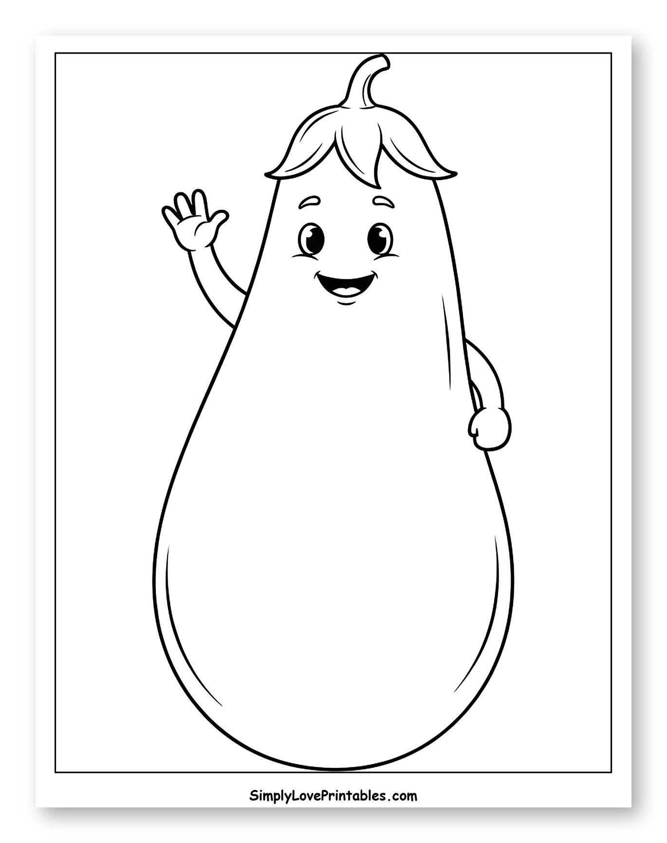 Friendly Eggplant Character Waving Hello to Color for Toddlers