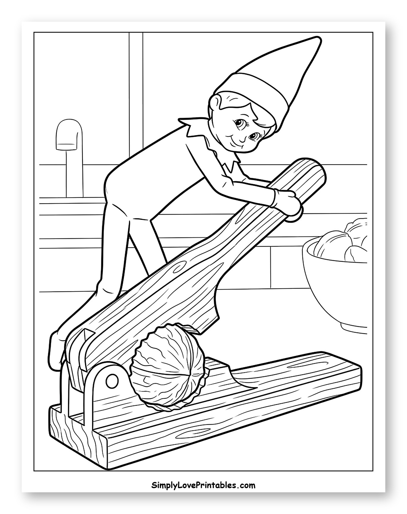 Friendly Elf Cracking a Large Walnut Coloring Page