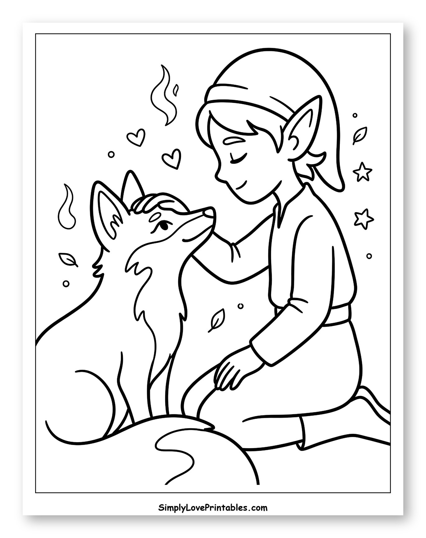 Friendly Elf Gently Petting a Fox Coloring Sheet for Adults