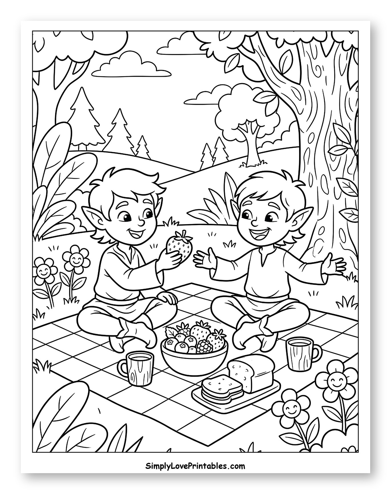 Friendly Elves Sharing Strawberries at Picnic Coloring Page for Kids