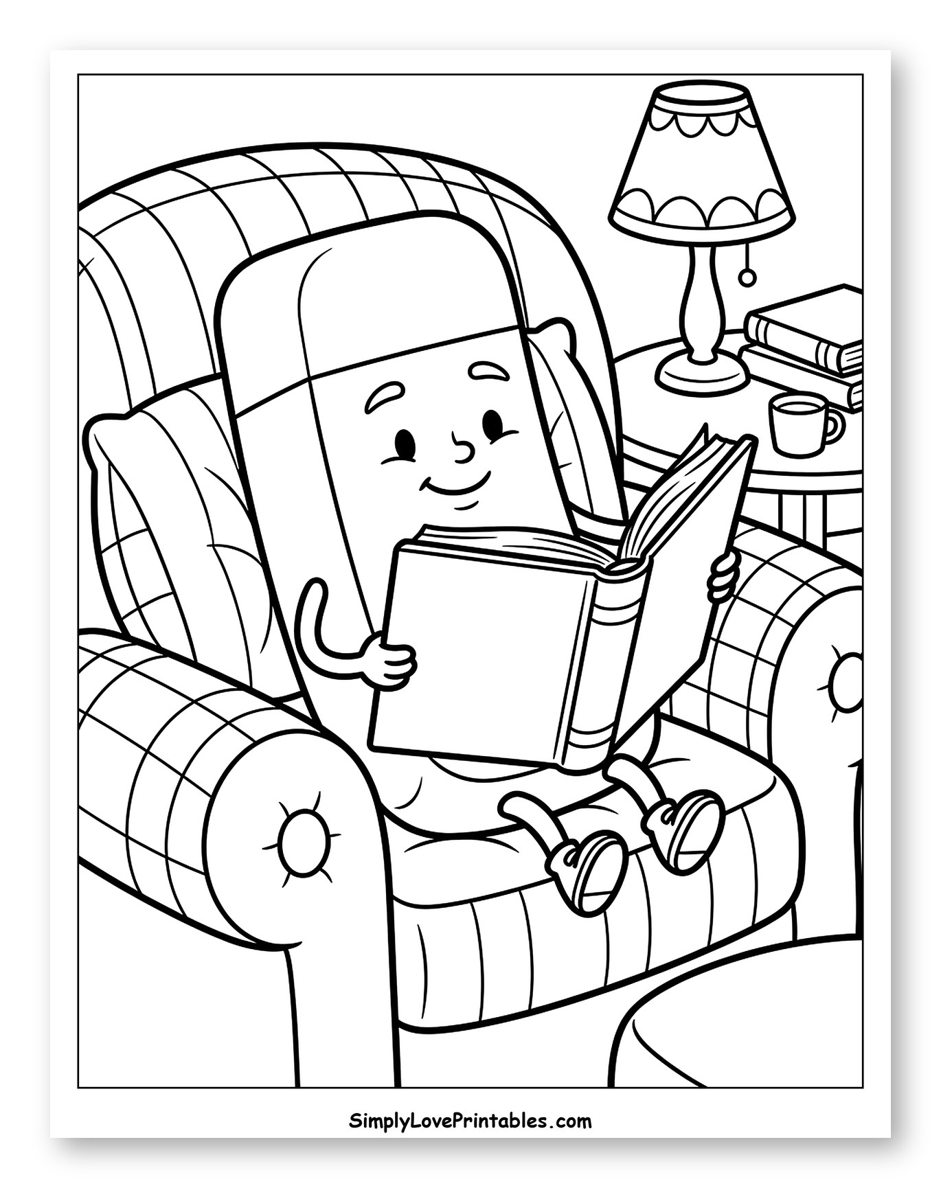 Friendly Eraser Reading a Book in a Chair Coloring Page for Kids