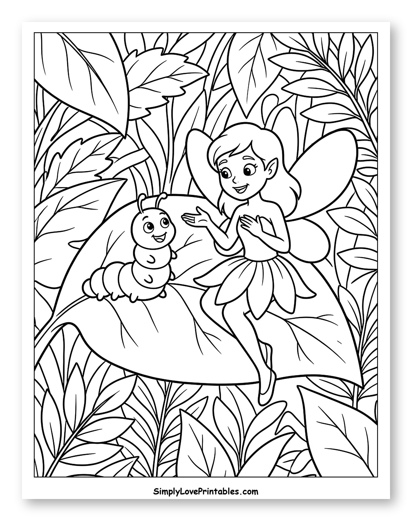 Friendly Fairy and Caterpillar in Nature Coloring Sheet for Kids