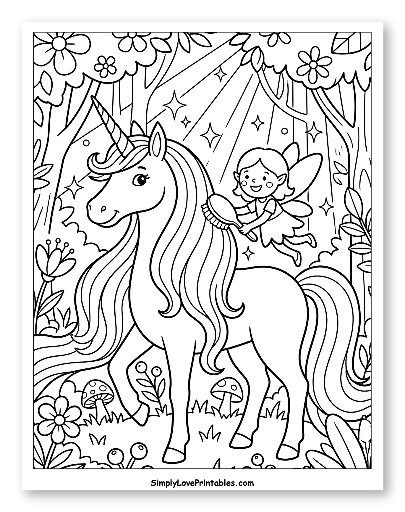 Friendly Fairy Brushing Unicorn's Mane Coloring Sheet for Kids