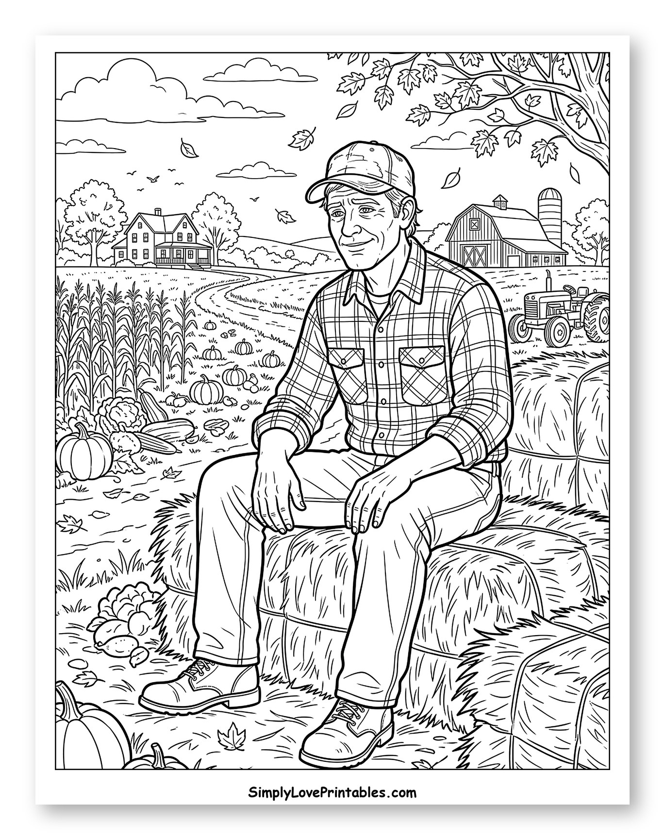 Friendly Farmer Resting on Hay Bales