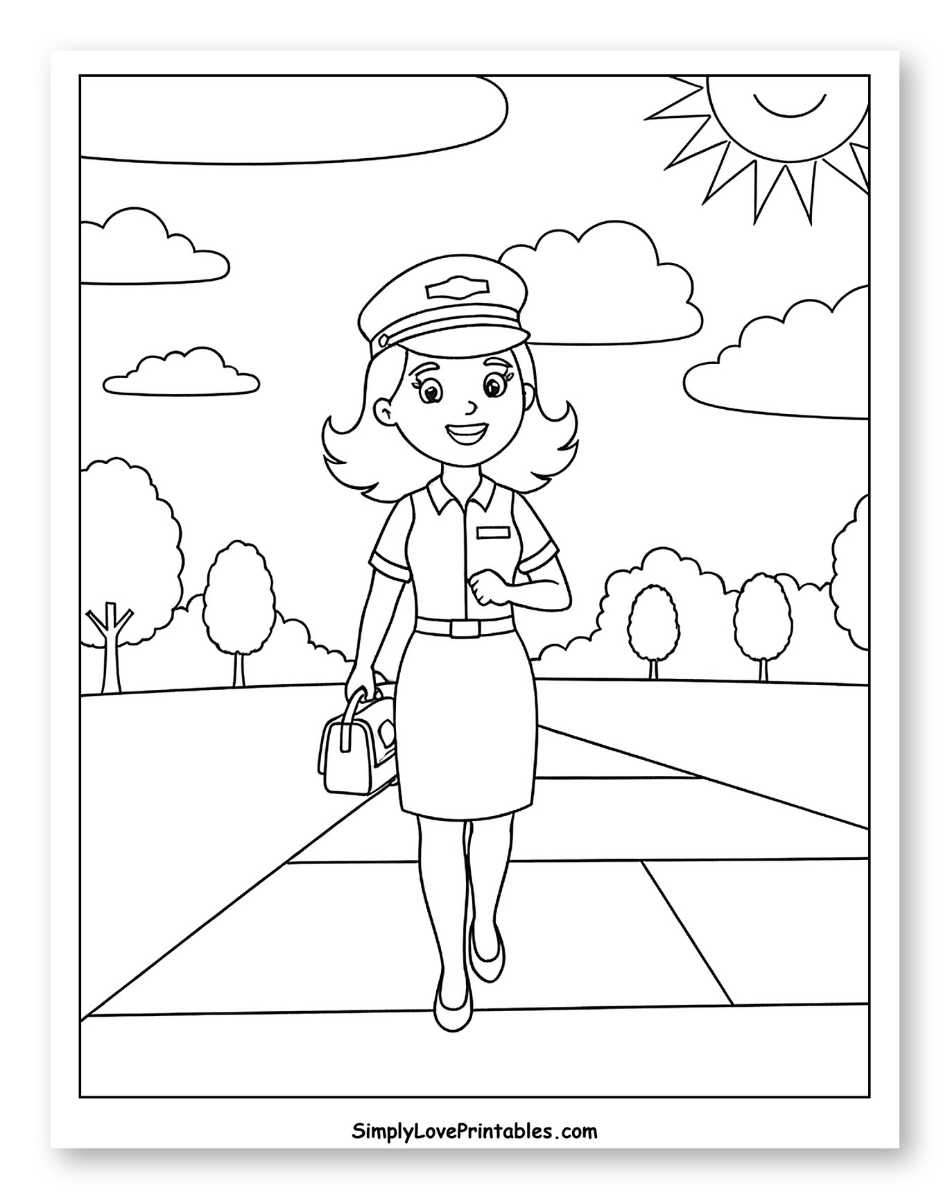 Friendly Female Mail Carrier Walking with Bag Coloring Sheet for Kids