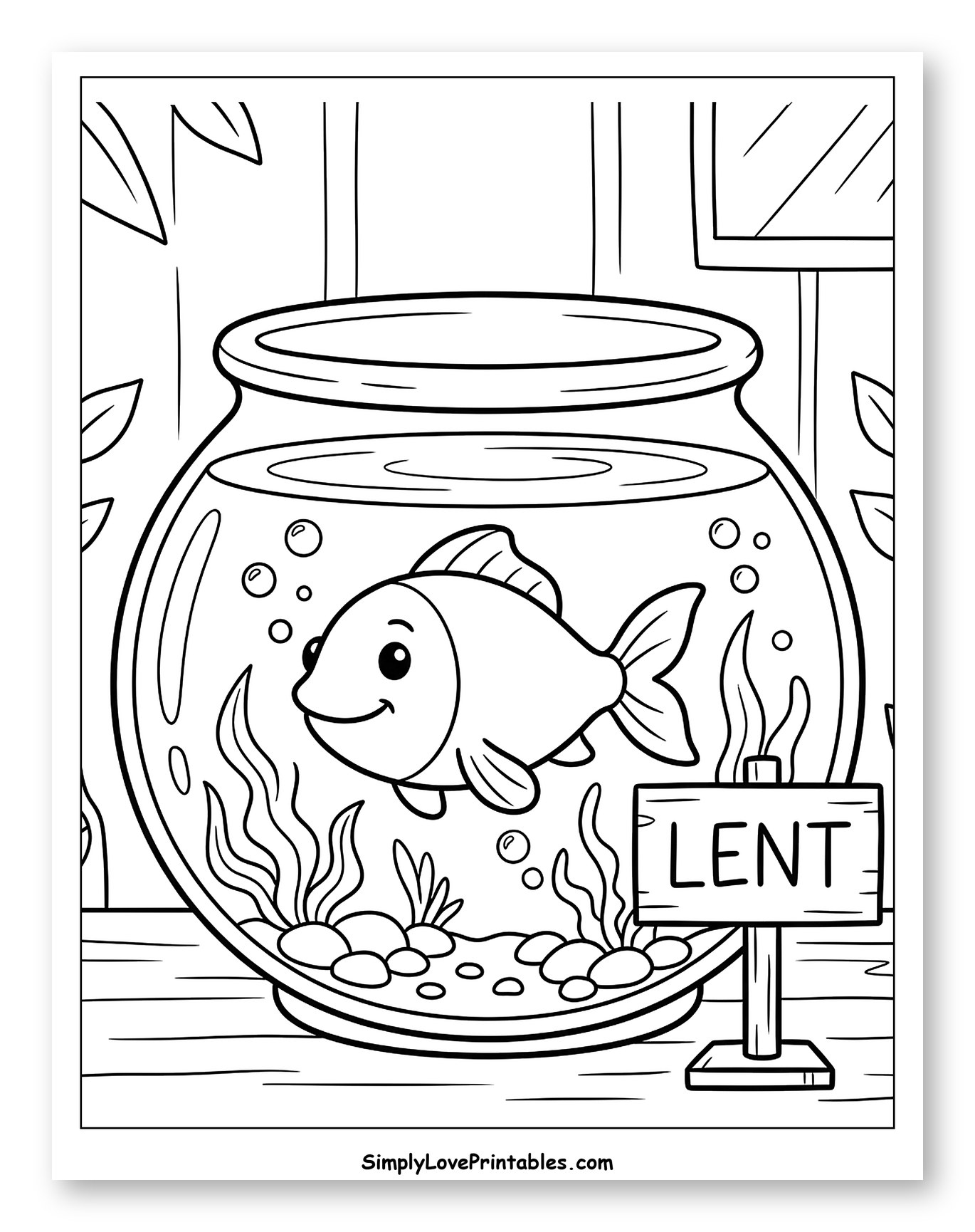 Friendly Fish in a Fishbowl with Lent Sign Coloring Page for Kids