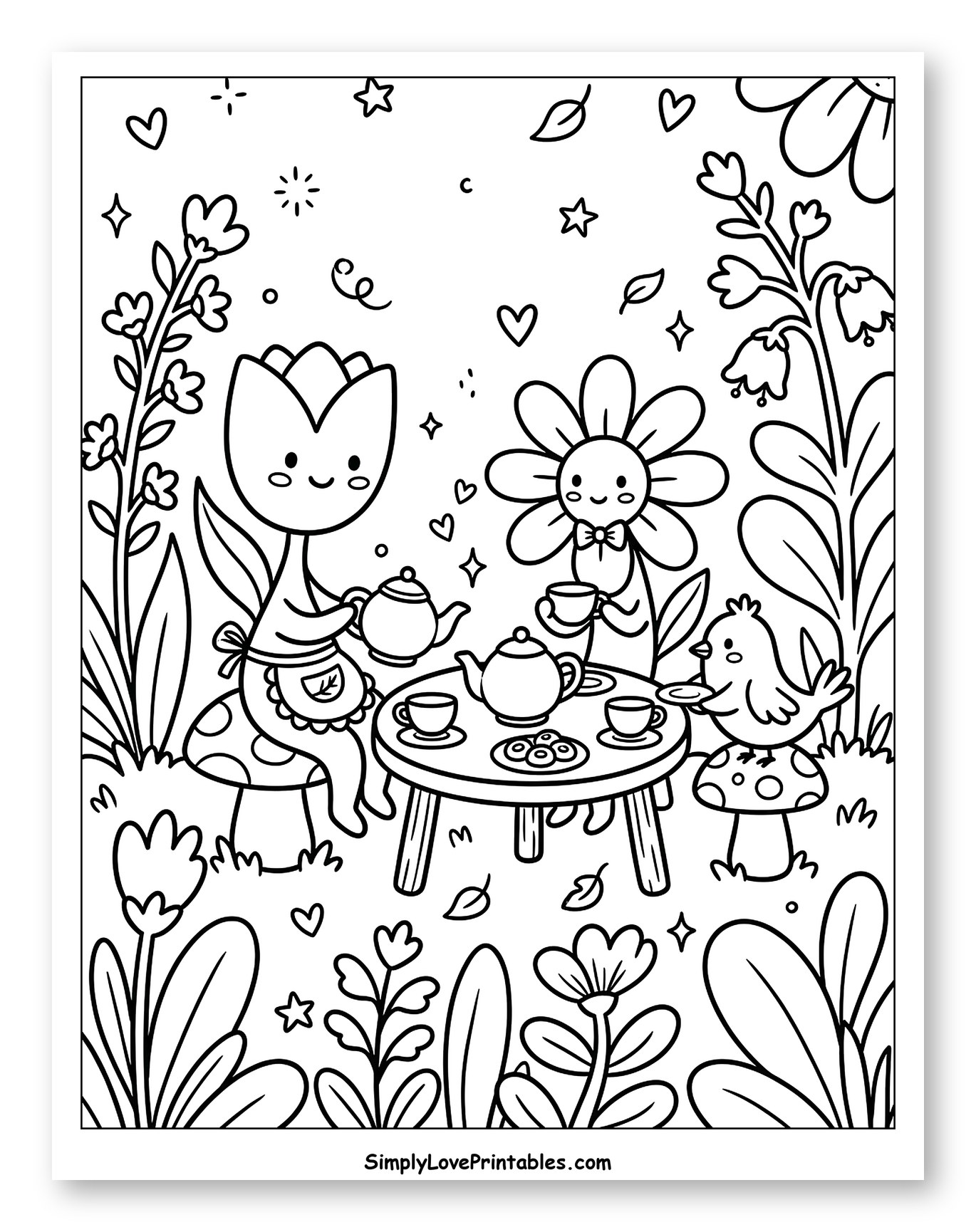 Friendly Flowers and Bird Having Tea Party