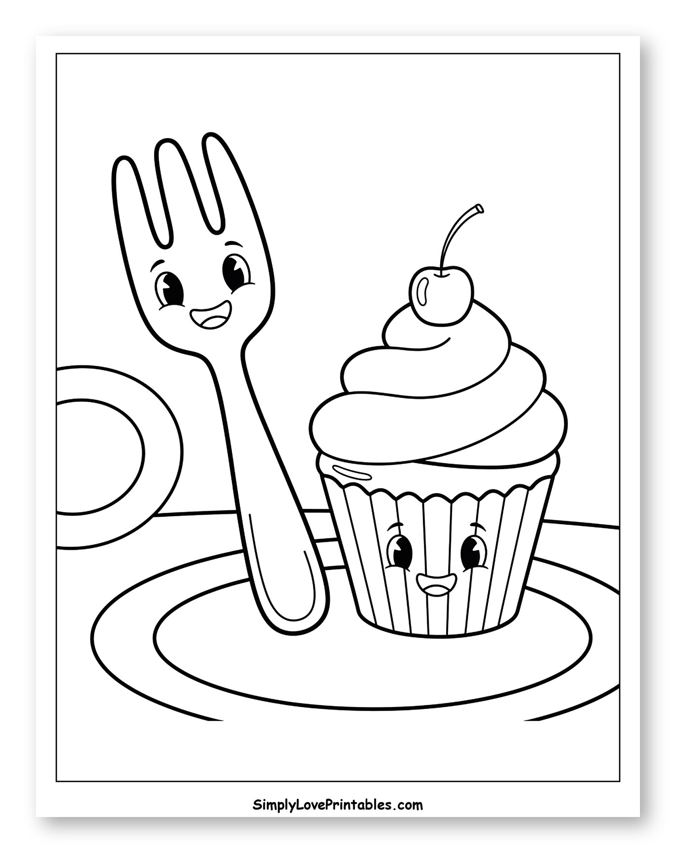 Friendly Fork and Smiling Cupcake on a Plate Coloring Page for Toddlers
