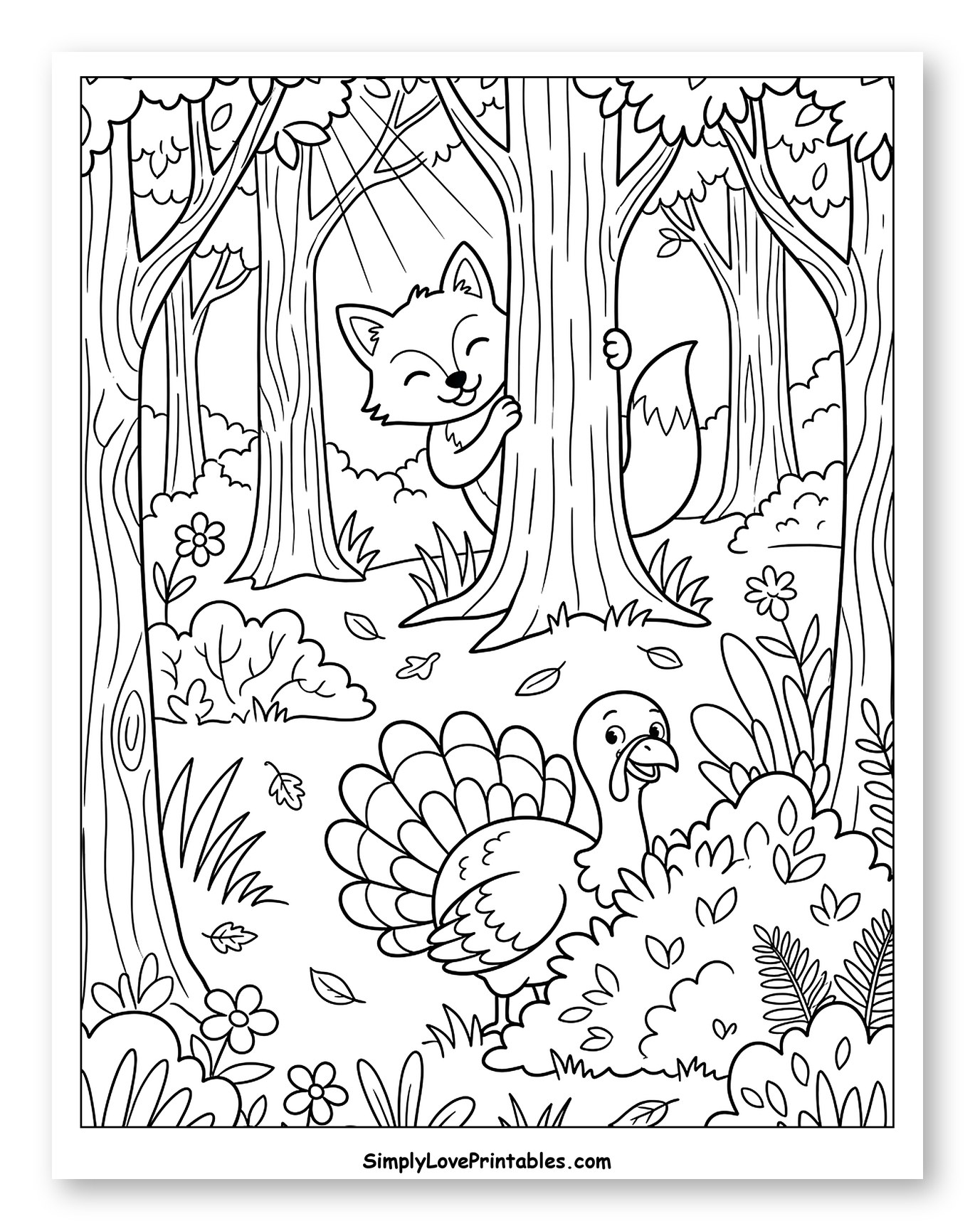 Friendly Fox and Turkey in Autumn Forest Coloring Page for Kids