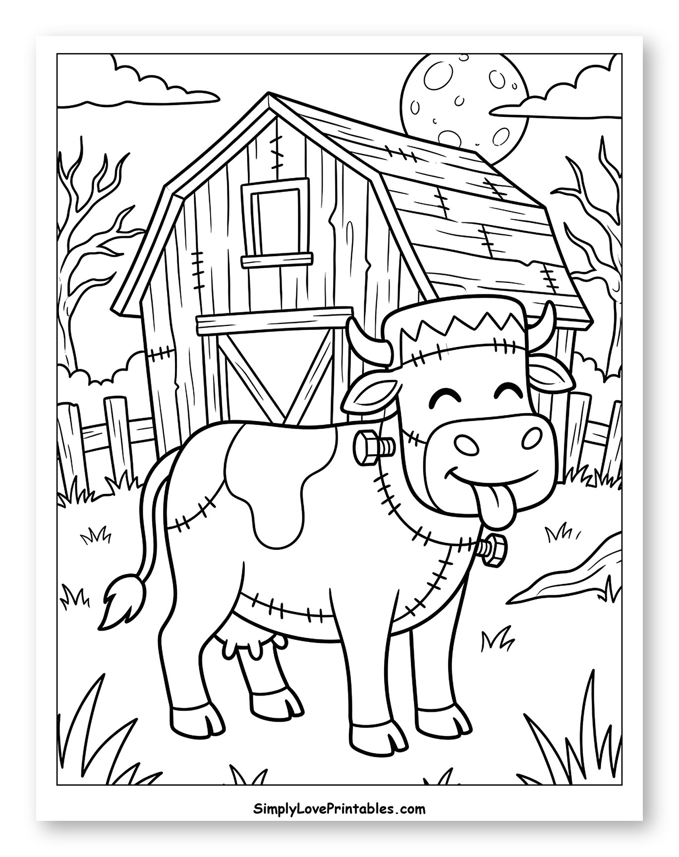 Friendly Frankenstein Cow in a Farm Scene