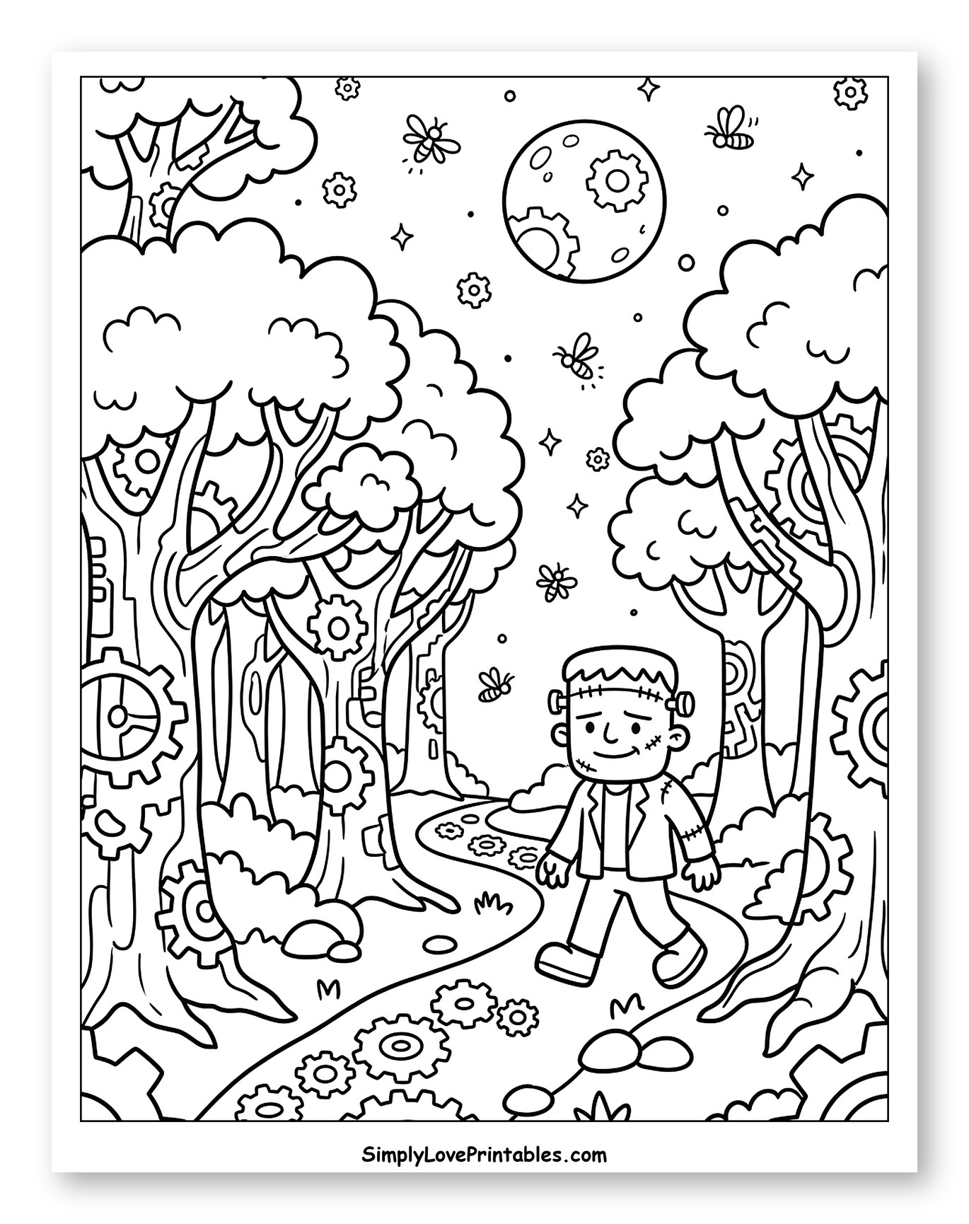 Friendly Frankenstein Strolling Through Gear-Filled Woods