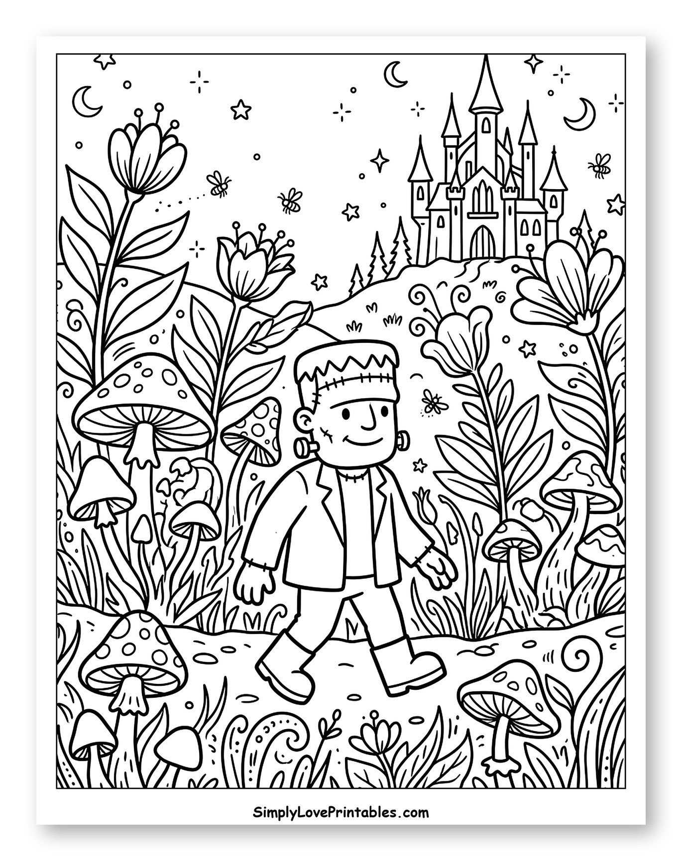 Friendly Frankenstein Walking by a Haunted Castle