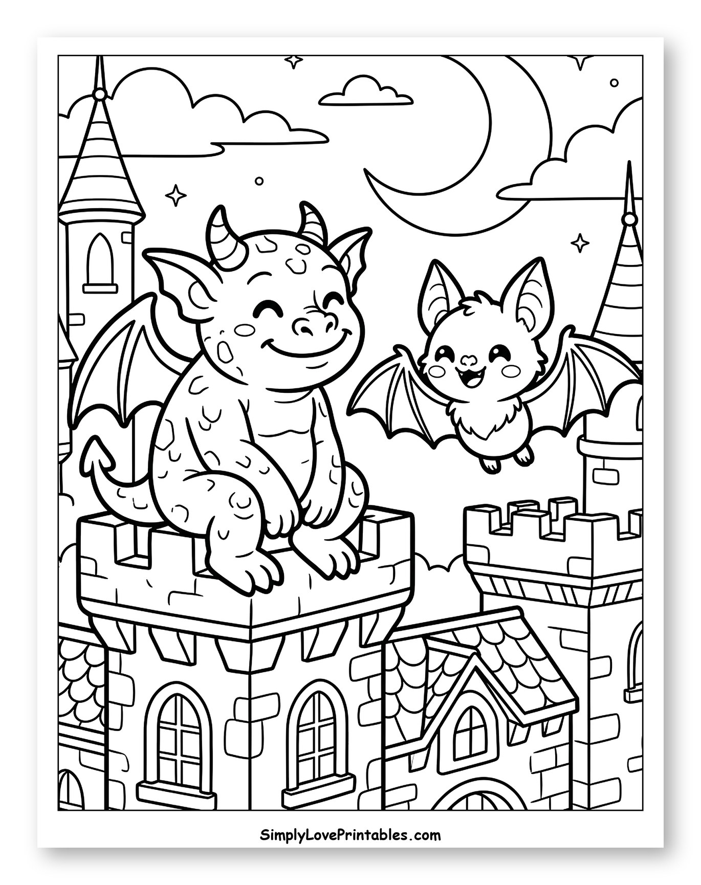 Friendly Gargoyle and Bat Flying by Castle