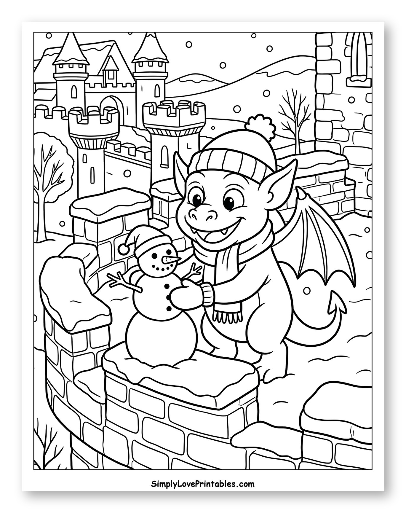 Friendly Gargoyle Building a Snowman on Castle Wall Coloring Page for Kids