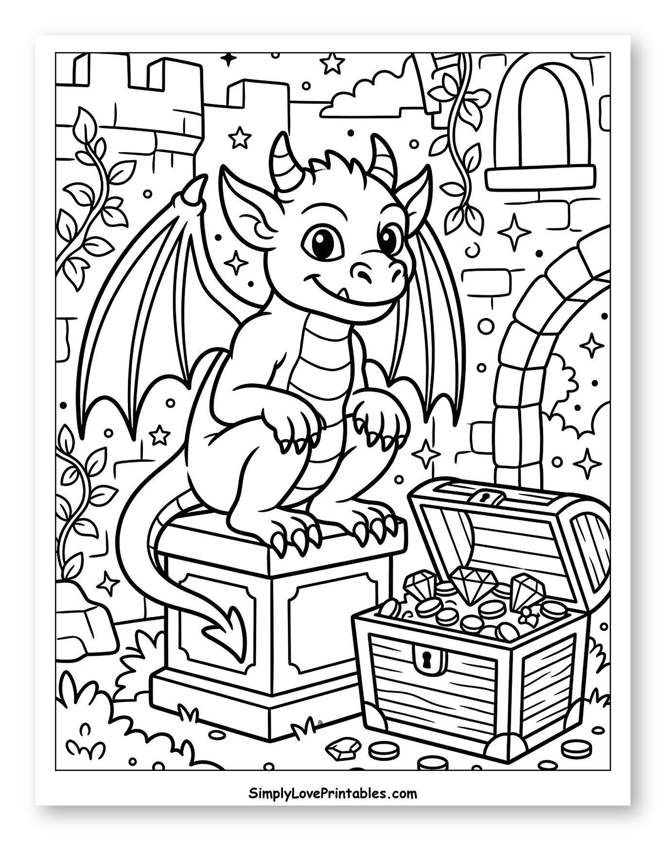 Friendly Gargoyle Dragon with Treasure Chest by Castle to Color for Kids