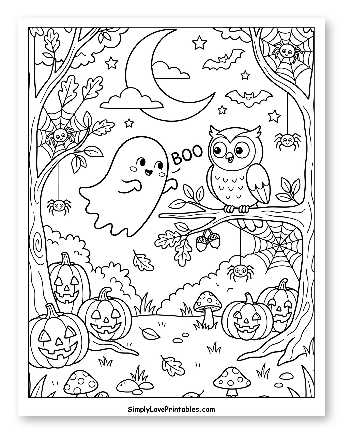 Friendly Ghost and Owl Halloween Scene Coloring Page for Kids