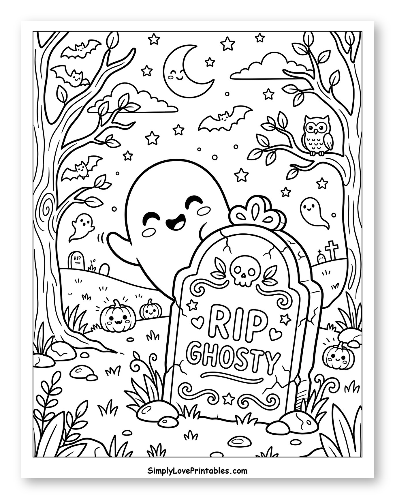 Friendly Ghost and Pumpkins in a Graveyard