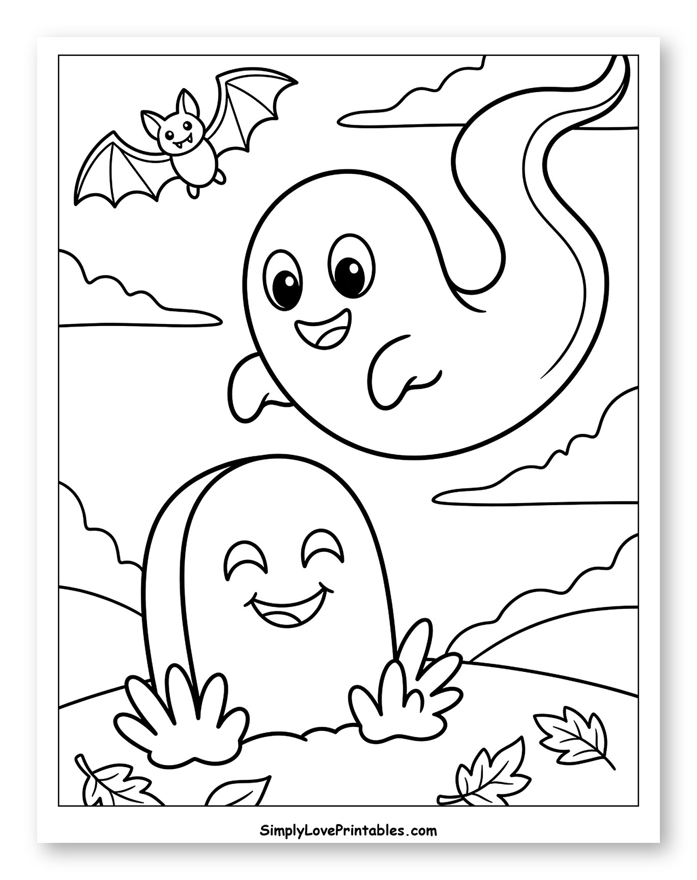 Friendly Ghost, Bat, and Smiling Tombstone to Color for Kids