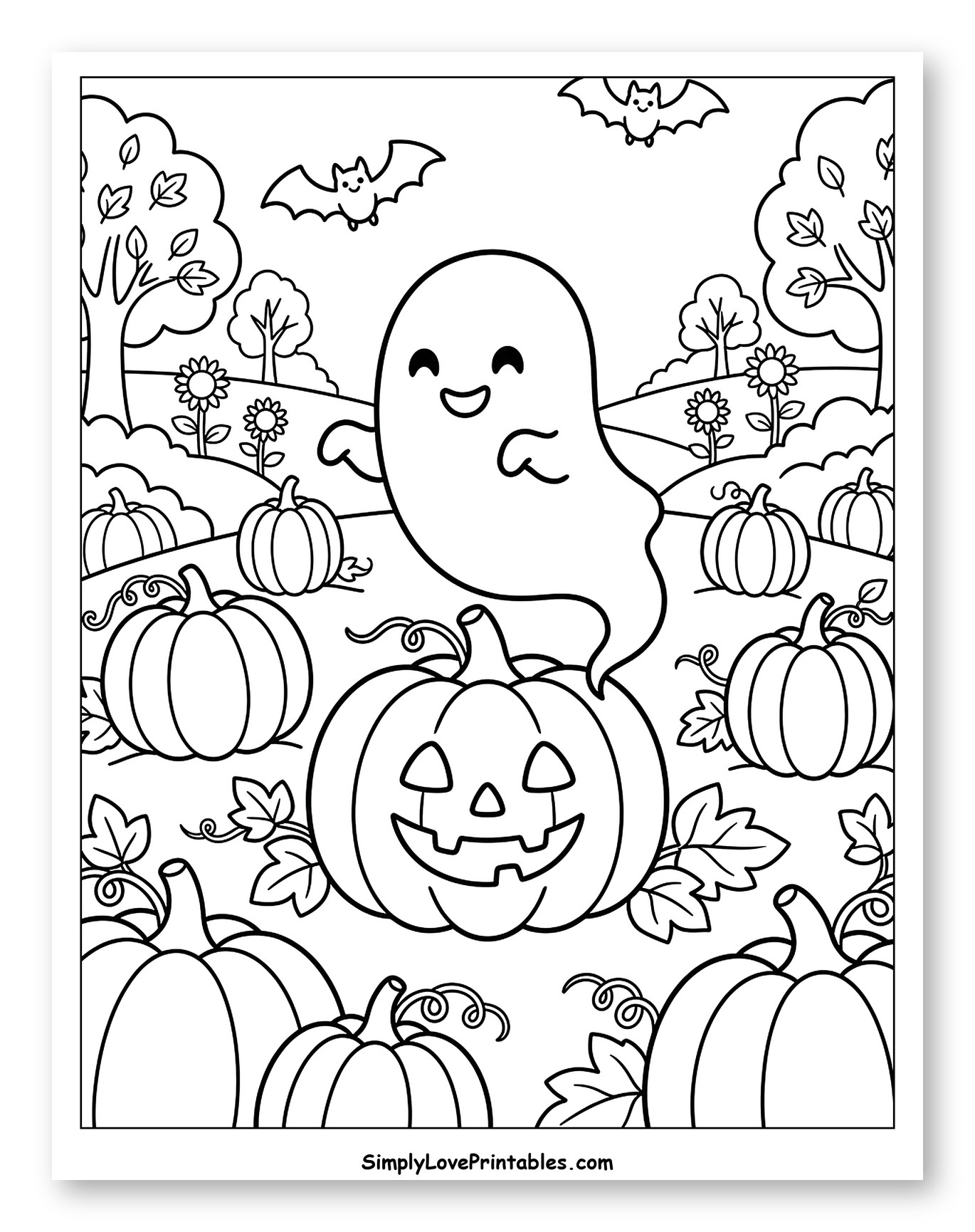 Friendly Ghost Floating Over a Pumpkin Patch