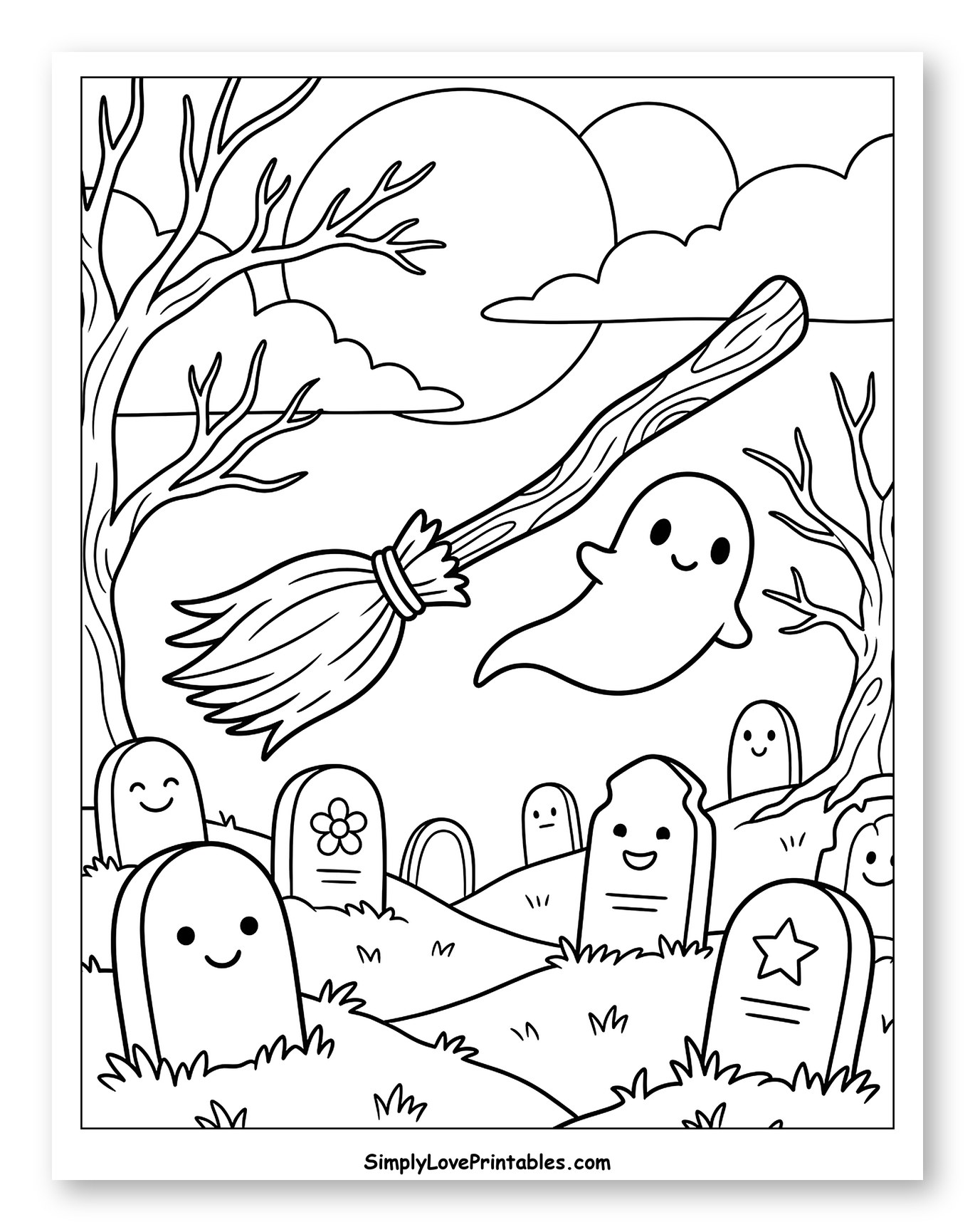 Friendly Ghost Flying Broomstick Over a Graveyard