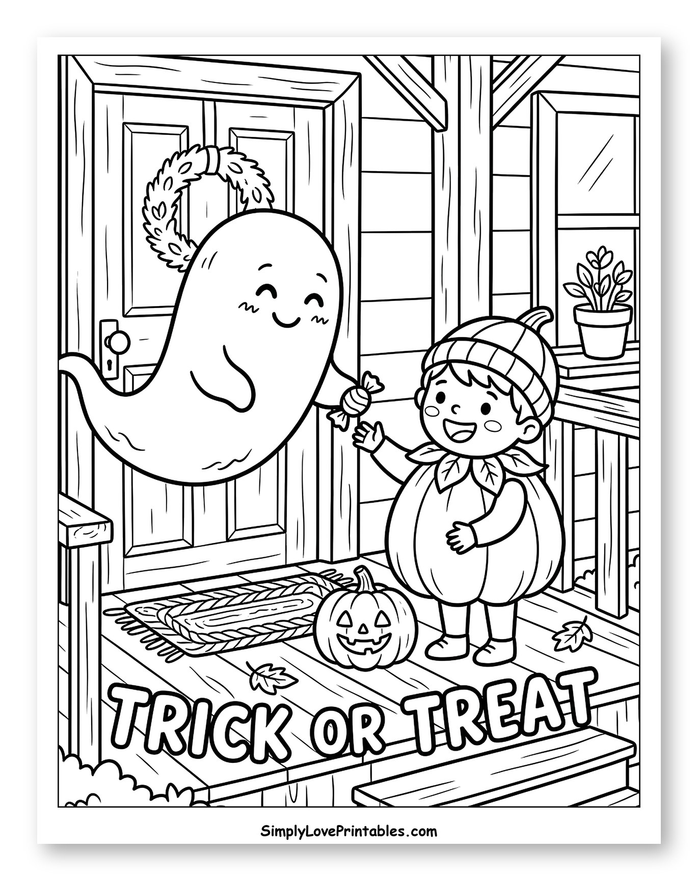 Friendly Ghost Giving Candy to Pumpkin Child
