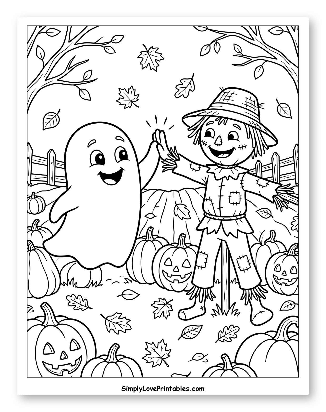 Friendly Ghost High-Fiving Scarecrow in Pumpkin Patch