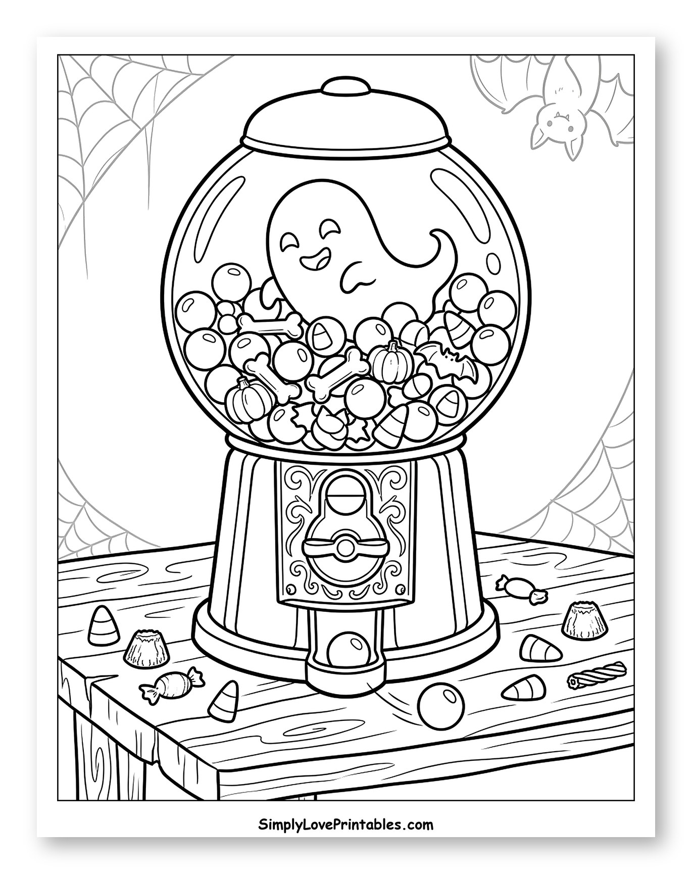 Friendly Ghost in Halloween Candy Machine to Color for Kids
