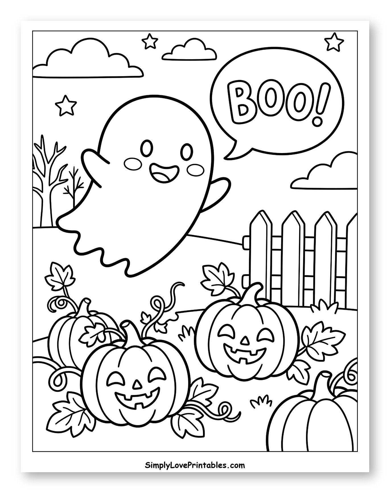 Friendly Ghost Saying Boo with Pumpkins Coloring Page for Kids