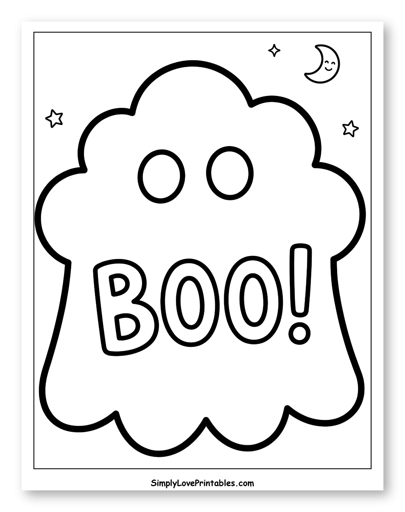 Friendly Ghost Saying BOO! with Stars and Moon Coloring Sheet for Toddlers