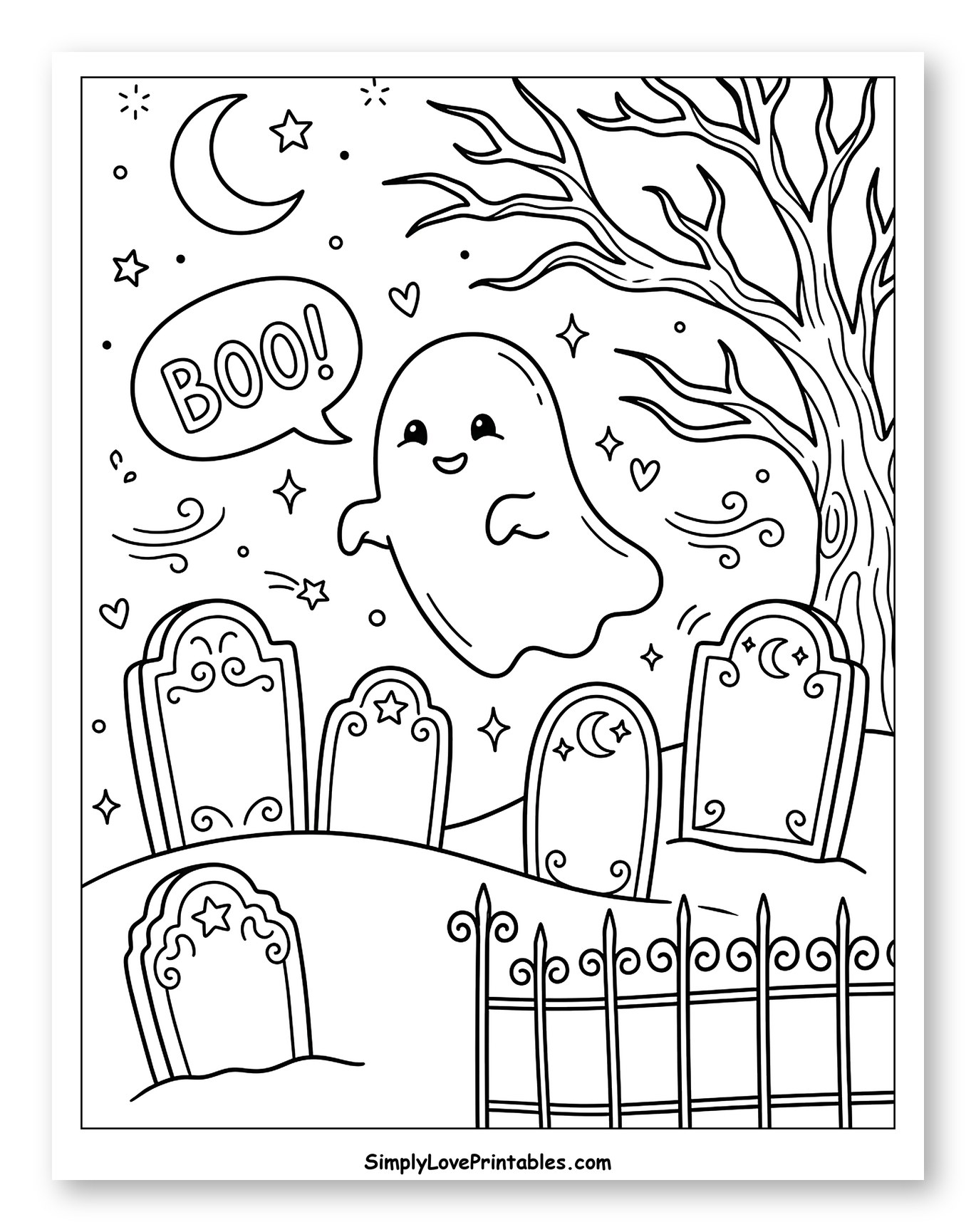 Friendly Ghost Says Boo in Graveyard to Color for Adults